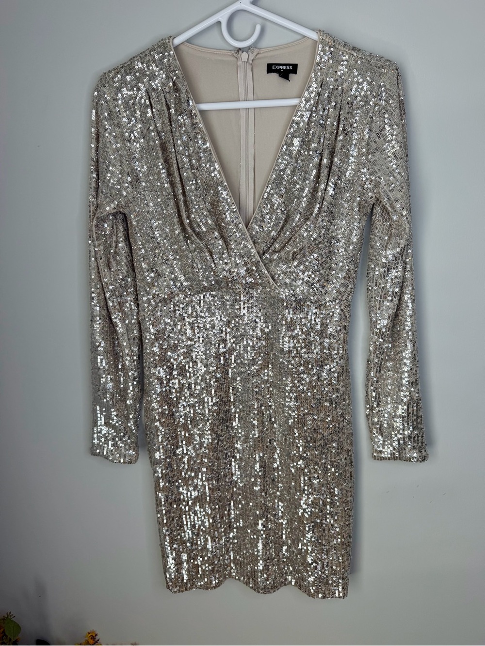 Express Silver Sequin Mini Dress with V-Neck